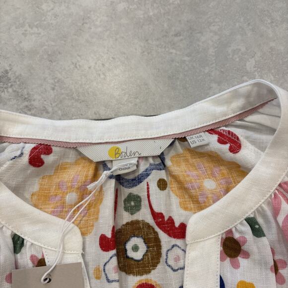 Boden Linen Balloon Sleeve Tie Waist Dress Pockets US 12R White Multi NWT - Picture 4 of 11